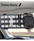 Rigid MOLLE Panel for Vehicle Sun Visor Organizer with tools mounted, black ABS, compact modular storage in truck interior.