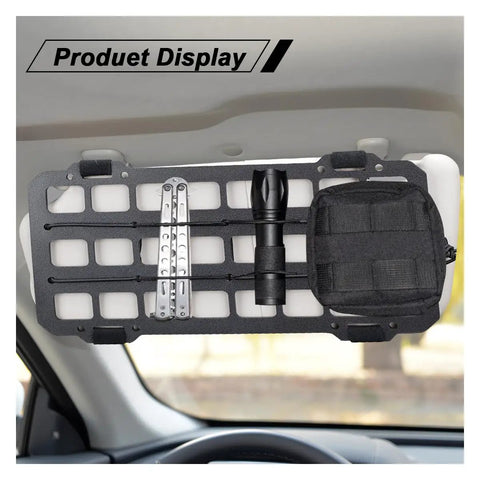 Rigid MOLLE Panel for Vehicle Sun Visor Organizer with tools mounted, black ABS, compact modular storage in truck interior.