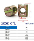 M6 and M8 Barrel Bolts With Hammer Embedded Nuts Cross Dowels, slotted fittings size chart for beds, cribs, chairs, dimensions shown