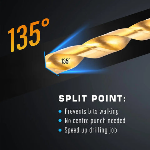 Close-up of 230 Pcs Drill Bit Set With 135 Degree Tip High Speed Steel Titanium Coated Twist Drill Bits showcasing split point benefits.