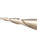 Close-up of SpeTool tapered ball nose end mill with 1/4" shank and 1/64" radius, ZrN coated