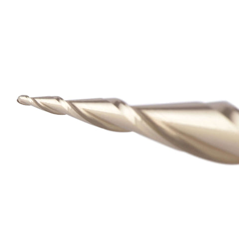 Close-up of SpeTool tapered ball nose end mill with 1/4" shank and 1/64" radius, ZrN coated