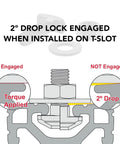Diagram of Drop In T Slot Hammer Head Stud Bolt With 5/16-18 Thread, 1 Inch Length showing 2° drop lock engaged in T-slot