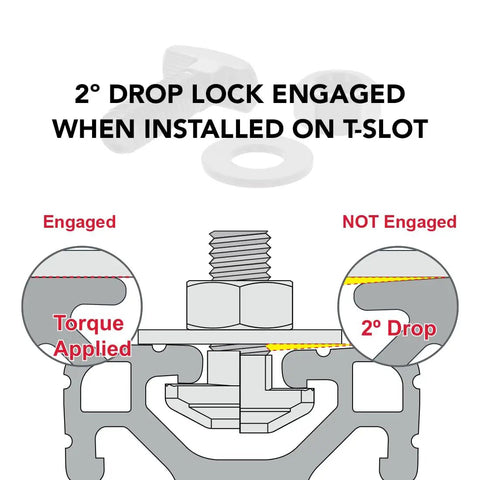 Diagram of Drop In T Slot Hammer Head Stud Bolt With 5/16-18 Thread, 1 Inch Length showing 2° drop lock engaged in T-slot