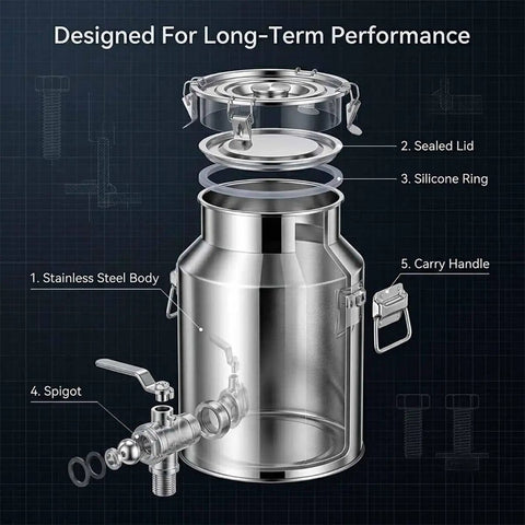 Heavy Duty 1.3 To 7.4 Gallon Stainless Steel Milk Jug With Secure Silicone Gasket Lid Food Grade Water Storage Pail For Home, Farm, Or Barn Use Built To Last, with spigot and handle features.