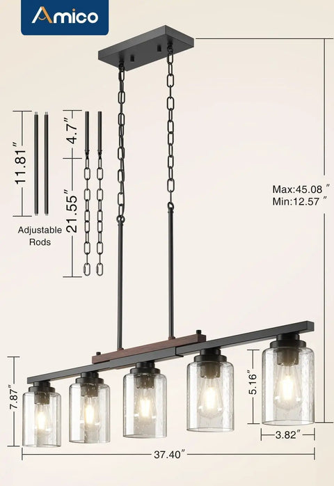 Straight Up Modern Farmhouse 5 Light Dining Room Chandelier With Dope Seeded Glass Shades Galvanized Steel Island Ceiling Fixture Lighting Top Shelf Kitchen Vibes with dimensions and adjustable rod detail.