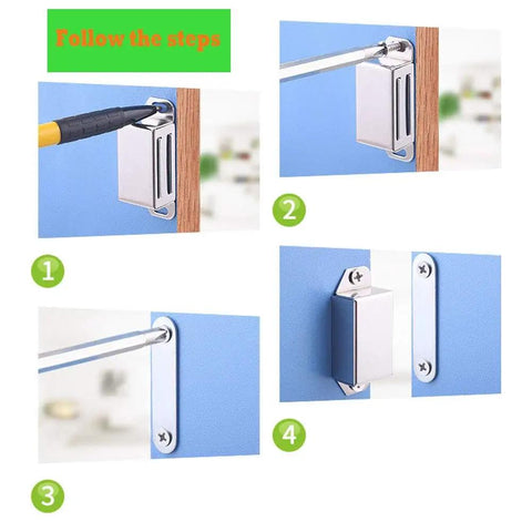 Installation steps of Mini Magnetic Cabinet And Door Latch Closures Pack Of 4 With 5 Lb Magnets, Stainless Steel Construction