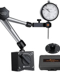Dial indicator with magnetic base, adjustable arm; 0-1 inch range, silver and black, storage case included