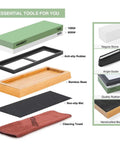 Two Sided Whetstone Knife Sharpener With 1000 And 6000 Grit Wet Stone Kit featuring anti-slip base, angle guide, and accessories layout