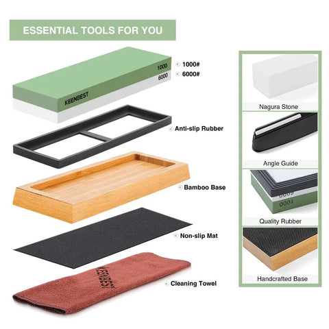 Two Sided Whetstone Knife Sharpener With 1000 And 6000 Grit Wet Stone Kit featuring anti-slip base, angle guide, and accessories layout