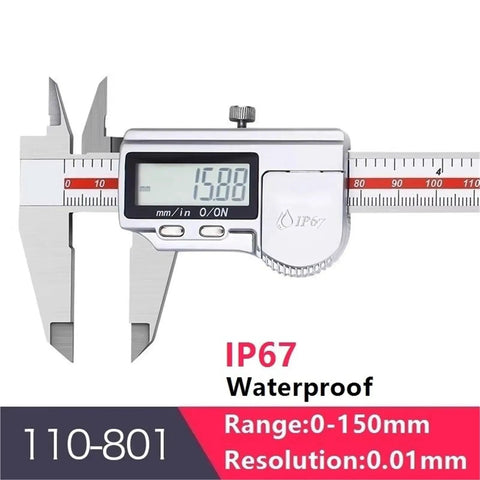 Digital Caliper IP67, 0.01mm, Stainless Steel measuring tool showing a display reading of 15.88mm.