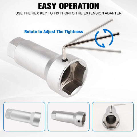 Front view of silver axle spindle thread chaser tool with two L-shaped hex keys and extension bar.