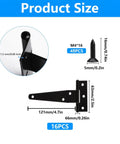 Product size details for 16 Pack 4 Inch T Strap Hinges Heavy Duty Matte Black Outdoor Gate Hardware with screw specifications.