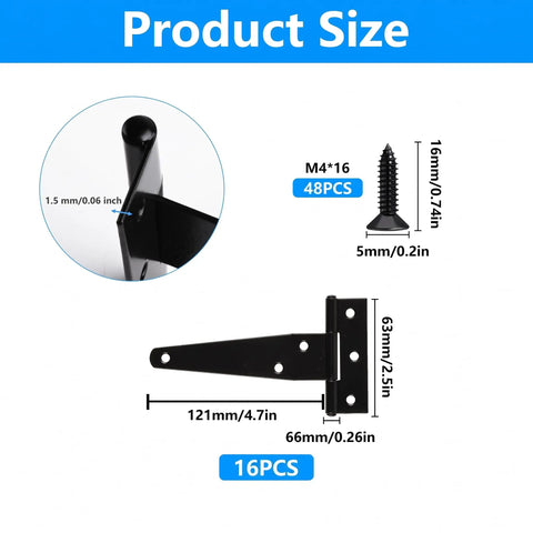 Product size details for 16 Pack 4 Inch T Strap Hinges Heavy Duty Matte Black Outdoor Gate Hardware with screw specifications.