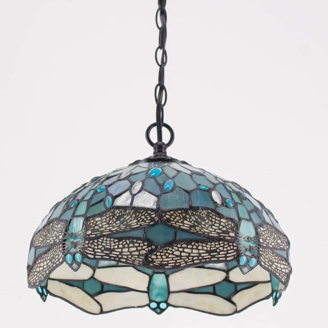 Tiffany Style Sea Blue Stained Glass Dragonfly Pendant Light Plug In 12 Inch Hanging Lamp With 32 Inch Chain And 15 Foot Cord UL Listed LED Ready