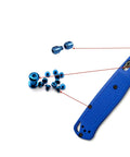Level Up Your EDC Game With This Badass Deep Carry Pocket Clip And Titanium Pivot Screws Thumb Studs Upgrade Kit For Benchmade 535 Bailout Custom Blue Mod, showcasing blue titanium screws and clip components.