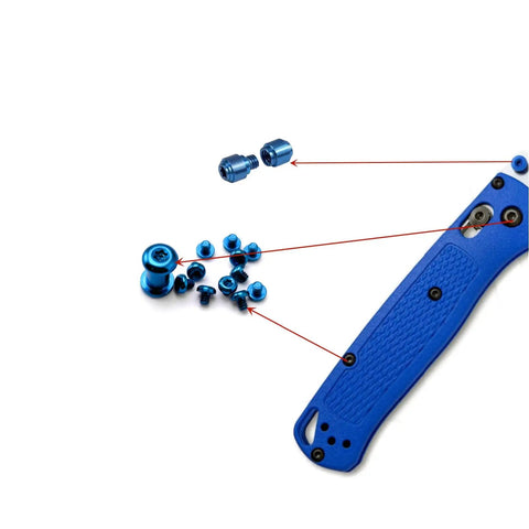 Level Up Your EDC Game With This Badass Deep Carry Pocket Clip And Titanium Pivot Screws Thumb Studs Upgrade Kit For Benchmade 535 Bailout Custom Blue Mod, showcasing blue titanium screws and clip components.