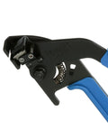 Close-up of Controlled Tension Cable Tie Tool For LH, H, EH Cross Section with blue/black handles steel construction