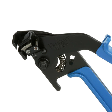 Close-up of Controlled Tension Cable Tie Tool For LH, H, EH Cross Section with blue/black handles steel construction