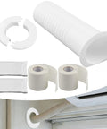 All In One Mini Split Line Set Cover And Wall Sleeve Combo Kit For Outside AC Units With Rapid Bond Tape and accessories in white.
