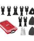Rugged Multitool Blade Kit Featuring No Sweat Quick Change Design And Sturdy Organizer Box For Slick Cuts Through Wood Drywall And Composites Built For Serious Weekender Builders, showing blades and storage.