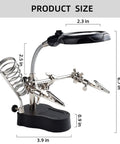Soldering Station Magnifier With Led Light 3.5X And 12X Magnifying Glass, Auxiliary Clips And Alligator Clamp shown with dimensions.