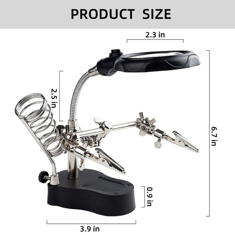 Soldering Station Magnifier With Led Light 3.5X And 12X Magnifying Glass, Auxiliary Clips And Alligator Clamp shown with dimensions.