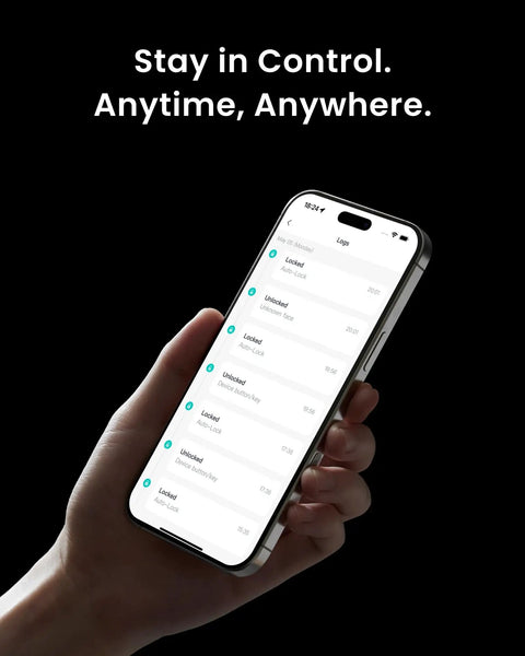 Hand holding smartphone displaying app for Ultra Touch Smart Door Lock With Keypad And Fingerprint, App Remote Control With Built In WiFi.