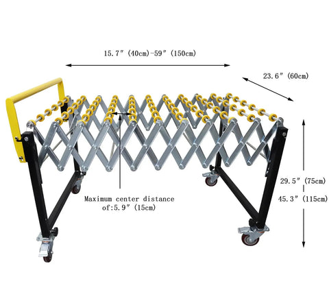 23.6 Inch Wide Portable Flexible Conveyor Roller Table, Unpowered, Expands From 15.7 To 59 Inches, Height Adjustable 29.5 To 45.3 Inches
