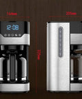 Front and side view of Four Cup Coffee Maker With Timer Pause And Pour Anti Drip Brew For Real Kickass Flavor Stainless Steel Carafe