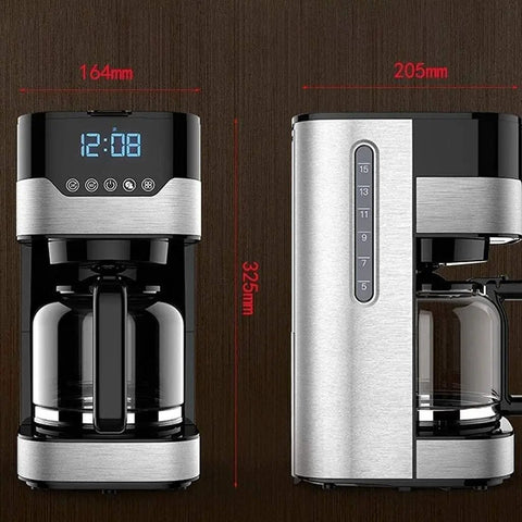 Front and side view of Four Cup Coffee Maker With Timer Pause And Pour Anti Drip Brew For Real Kickass Flavor Stainless Steel Carafe