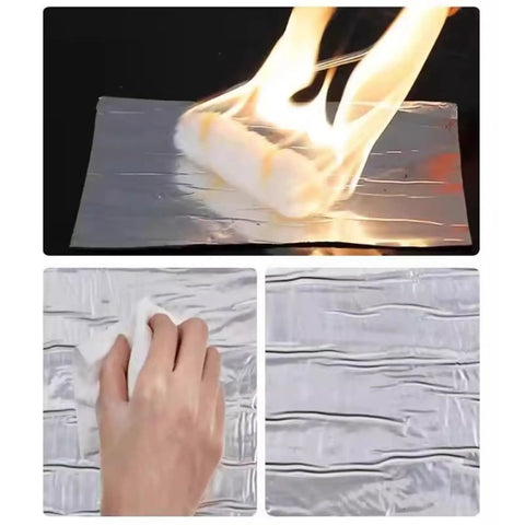 Demonstration of Built Tough 2mm Thick Butyl Roof Repair Tape Self Adhesive Aluminum Foil in use with flames, showing durability.