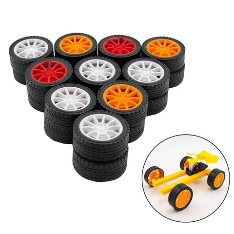 20 Piece Toy Car Wheel Set With 10 Round Shaft Axles for RC Cars and More, Mixed Colors, Rubber Tires, DIY Model Toy Parts
