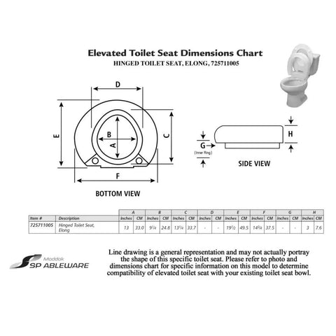 Dimensions chart for Hinged Elevated Toilet Seat Elongated White With Quick Lift, showing bottom and side views