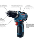 12V Max EC Brushless 3/8 Inch Drill Driver Kit with detailed feature labels displayed on the tool