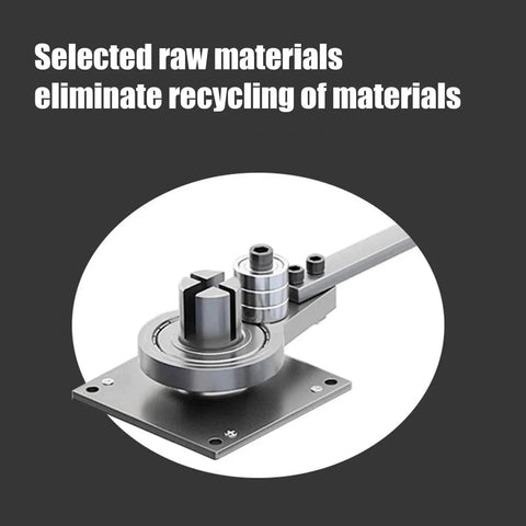 Manual Metal Bending Tool For Steel And Copper Pipes And Hoses; close-up of heavy-duty handheld portable bender on dark background