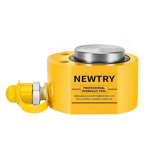 Newtry 10T Hydraulic Bottle Jack Low Profile Pump With Spline Adapter, yellow steel ram, compact design for heavy industrial use.