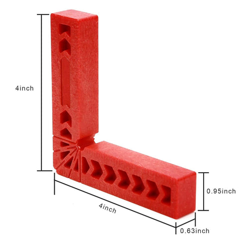 Six Piece 4 Inch 90 Degree Positioning Squares Right Angle Clamps For Woodworking Carpenter DIY Projects Corner Tool Set For Picture Frames Boxes Cabinets And Drawers Red, showing close-up view with measurements.