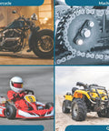 Roller chain cutter tool collage; four items: motorcycle, chain-drive machinery, go-kart, ATV.