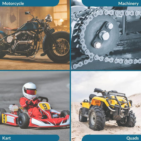 Roller chain tool kit (25-60) collage showing motorcycle, chain-drive detail, go-kart racer, and quad bike