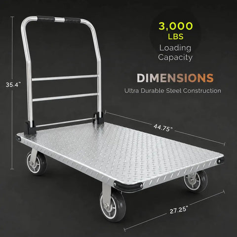 Beefy 3000 Lbs Capacity Foldable Push Cart Dolly Moving Platform Hand Truck Heavy Duty Space Saving Collapsible Swivel Flatbed Wagon For Furniture And Luggage Lifting, steel platform 44.75 x 27.25 in