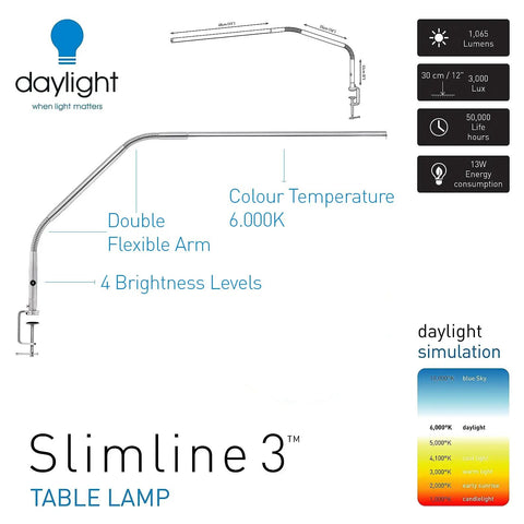 Diagram and details of Slimline LED Table Lamp With 80 CRI Eye Care, 4 Dope Brightness Levels, 3000 Lux At 30 Cm, 1065 Lumens, 4 Step Dimmer, Brushed Steel, Flexible Neck For Precise Task Lighting.