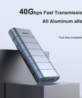 Beast Mode 40Gbps M2 Nvme Ssd Enclosure Usb4 External Drive Adapter With Heavy Duty Aluminum Cooling Shell, sleek silver design.