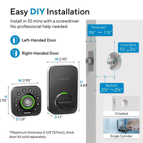 U-Bolt Pro WiFi Smart Lock With Fingerprint ID Auto Unlock App Remote Control Share Access Built-In Door Sensor Backlit Keypad Direct WiFi Connection No Hub Needed Front Door Security installation diagram
