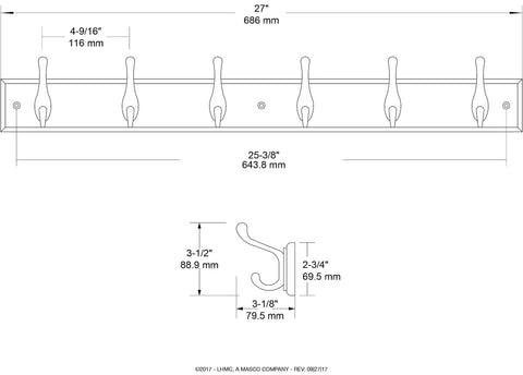 Technical drawing of 27 Inch Wall Mount Coat Rack With 6 Hooks In Pure White Heavy Duty Hat Rack For Foyer Or Entryway A Solid Organizer