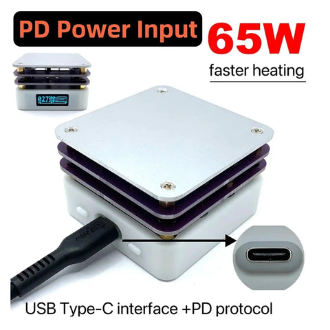 Dope Little 65W Hot Plate Preheater For SMD Rework And Desoldering with USB-C input and compact square design, top view.