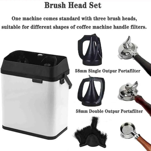 Brush head set for Straight Fire Electric Portafilter Cleaner and Espresso Knock Box Combo with various portafilter shapes.