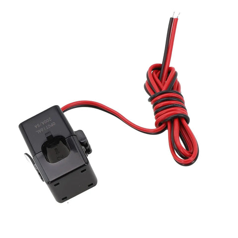 Slick Split Core Current Transformer Clamp Sensor With 50A To 200A Rating And 5A Output Dead On Accuracy Low Resistance Leads For EV Charging Rig Or 5G Station Power Tracking Black, showing black clamp with red and black leads.