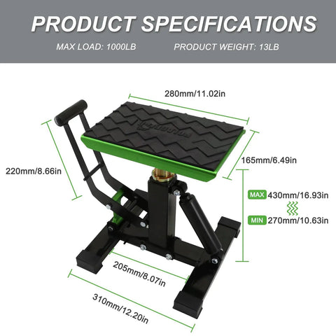 Dirt Bike Stand And Hydraulic Lift Jack For Motorcycles Pro Grade Heavy Duty Maintenance Lift With Aluminum Construction And Adjustable Height And Quick Raise Function Green For Fast Setup