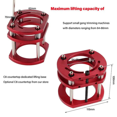 No Sweat Four Jaw Router Table Lift Base, Badass Build With Aluminum And Stainless Steel, detailed close-up showing 64-66mm diameter fit.